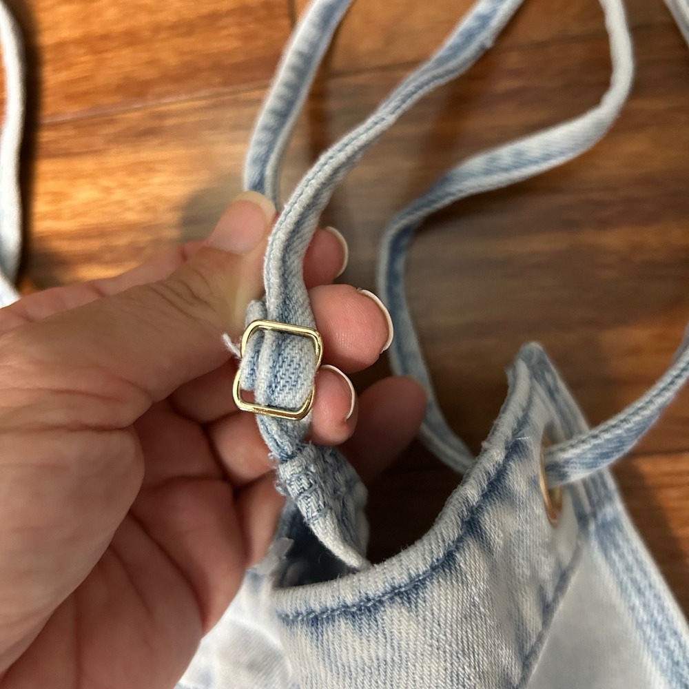 Aerie Light Wash Denim relaxed Shortalls Frayed Hem Adjustable Straps M - Picture 5 of 9